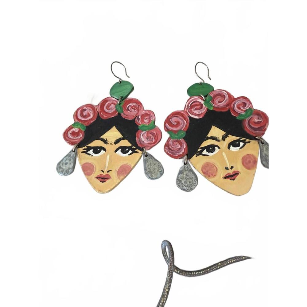 Frida Kahlo Artisan Made Leather Painted Large Earrings Statement Pierced Ears